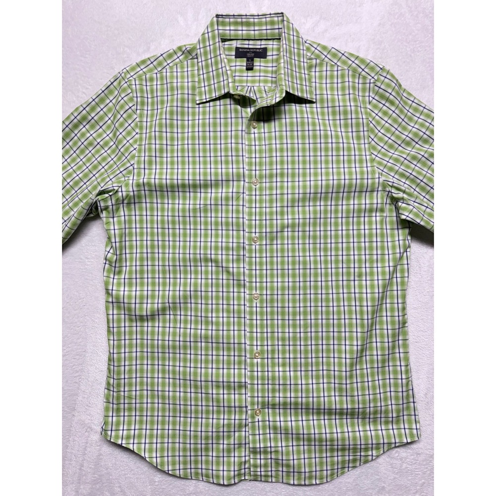 Banana Republic Mens Slim Fit Non Iron Plaid Dress Shirt Green Blue L 16-16.5